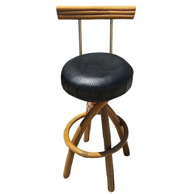 Restored 1950s Spiral Legs Rattan & Brass Barstool With Swivel Seats, Set of Six - 3