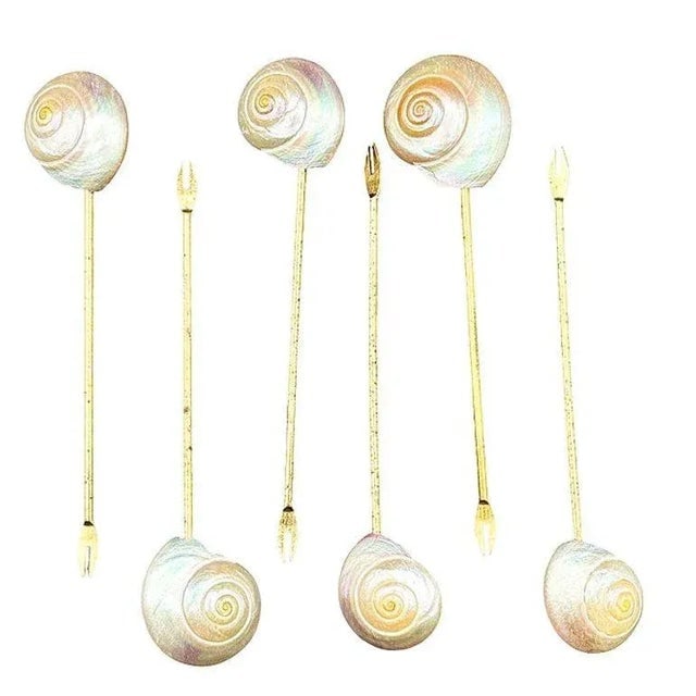 Vintage Mother of Pearl Shell and Gold Appetizer Fondue Forks- Set of 6 - 2