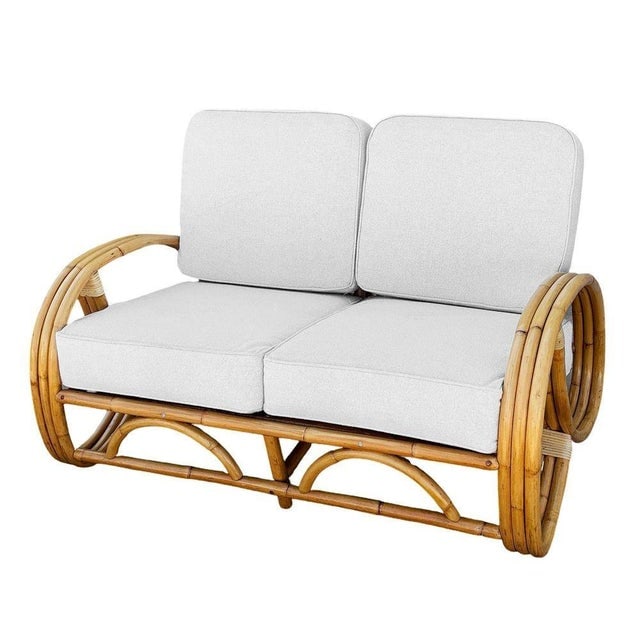 1950s Restored Mid-Century 3-Strand 3/4 Round Pretzel Arm Rattan Sectional Loveseat - 3