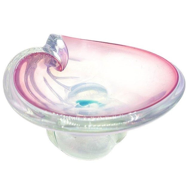 Mid 20th Century Murano Peacock Art Glass Pedestal Ashtray W/ Pink Pastel Swirl - 2