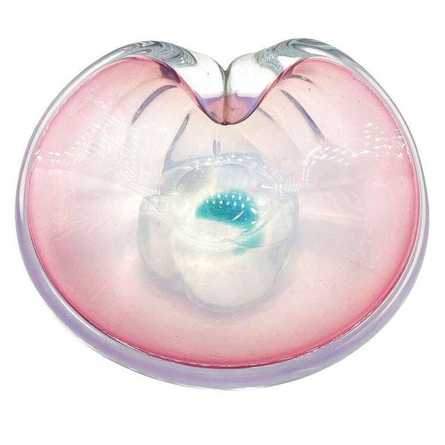Mid 20th Century Murano Peacock Art Glass Pedestal Ashtray W/ Pink Pastel Swirl - 6