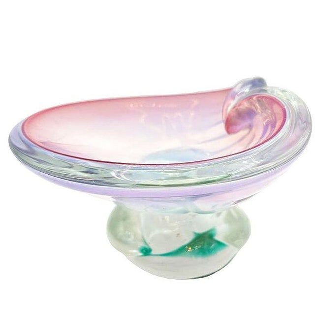 Mid 20th Century Murano Peacock Art Glass Pedestal Ashtray W/ Pink Pastel Swirl - 8