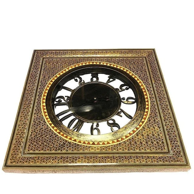 1970s Persian Khatam Kari Marquetry Inlaid Mosaic Square Wood Wall Clock - 2