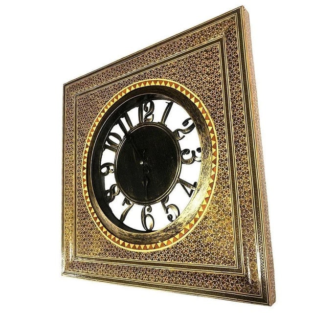 1970s Persian Khatam Kari Marquetry Inlaid Mosaic Square Wood Wall Clock - 3