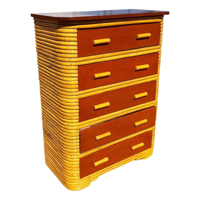 1930s Restored Paul Frankl Style Stacked Rattan & Mahogany Art Deco Highboy Dresser (1 of 4)