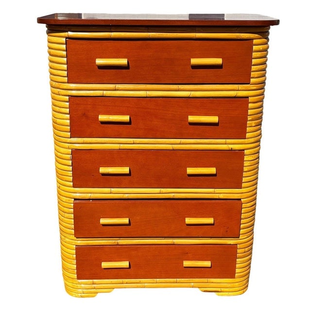1930s Restored Paul Frankl Style Stacked Rattan & Mahogany Art Deco Highboy Dresser - 2