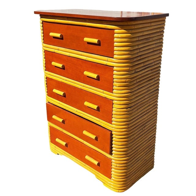 1930s Restored Paul Frankl Style Stacked Rattan & Mahogany Art Deco Highboy Dresser - 3