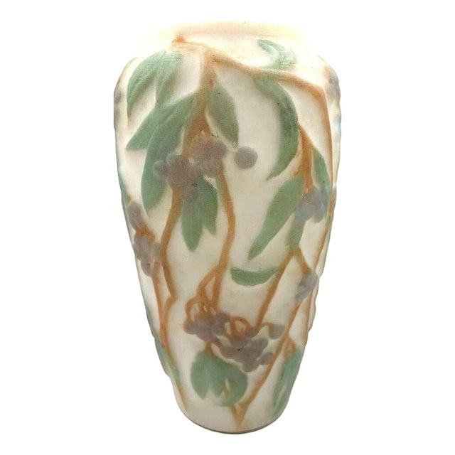 1924 Phoenix Consolidated Satin Glass Lamp Vase Base With Grape Leaves Floral: Title: 1924 Phoenix Consolidated Satin Glass Lamp Vase Base With Grape Leaves Floral Description: Original Consolidated Phoenix Glass showcases the refined elegance of a floral cameo of grapes with