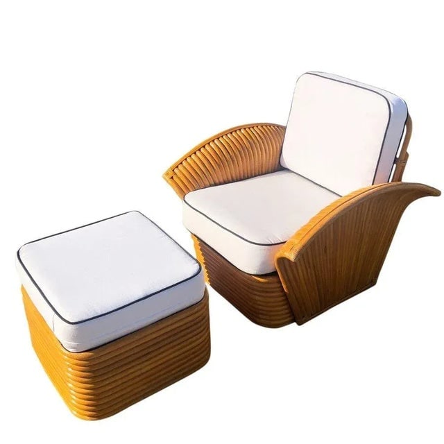 Vintage Art Deco Style Rattan Fan Arm Lounge Chair With Ottoman Livingroom Set - 4 Pieces - 3