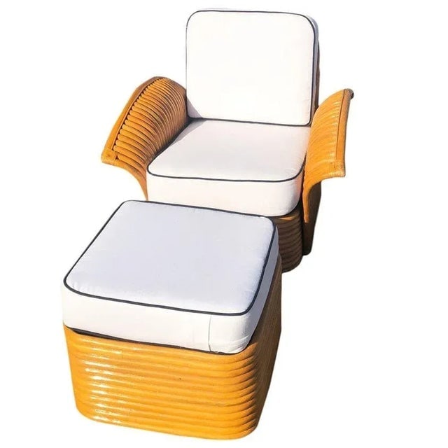 Vintage Art Deco Style Rattan Fan Arm Lounge Chair With Ottoman Livingroom Set - 4 Pieces - 4