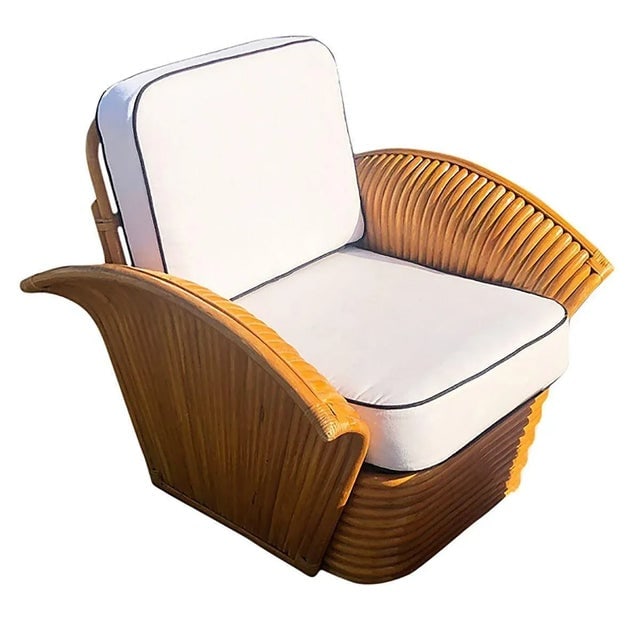 Vintage Art Deco Style Rattan Fan Arm Lounge Chair With Ottoman Livingroom Set - 4 Pieces - 5