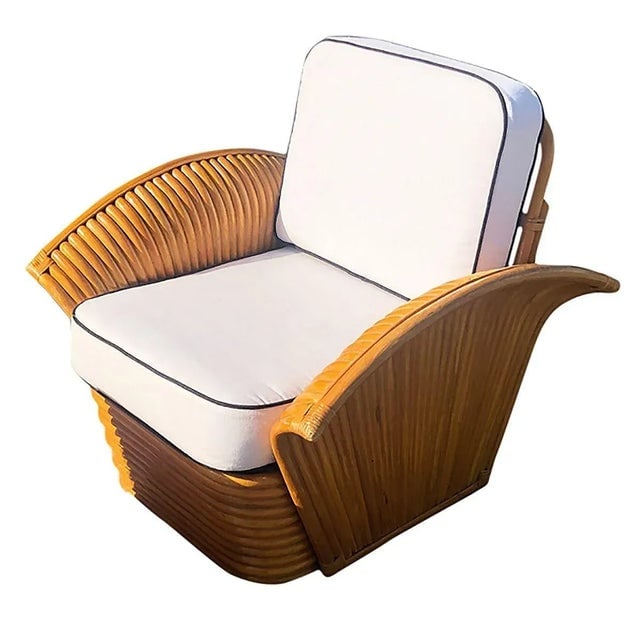 Vintage Art Deco Style Rattan Fan Arm Lounge Chair With Ottoman Livingroom Set - 4 Pieces - 6