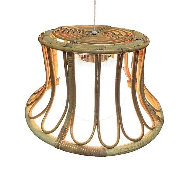 1980s Albini Style Tulip-Shaped Reed Rattan Ceiling Pendant Light With Glass Globe - 2