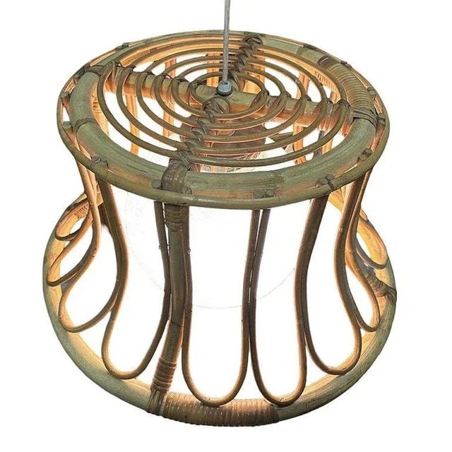 1980s Albini Style Tulip-Shaped Reed Rattan Ceiling Pendant Light With Glass Globe - 3