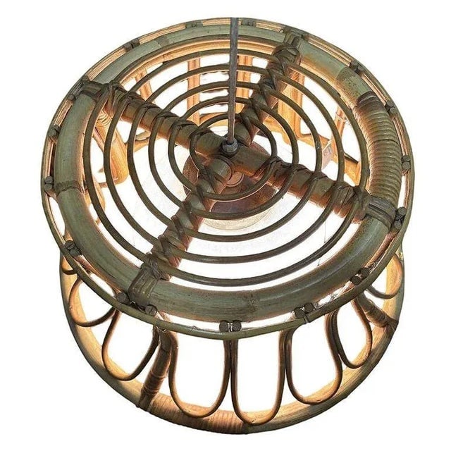 1980s Albini Style Tulip-Shaped Reed Rattan Ceiling Pendant Light With Glass Globe - 4