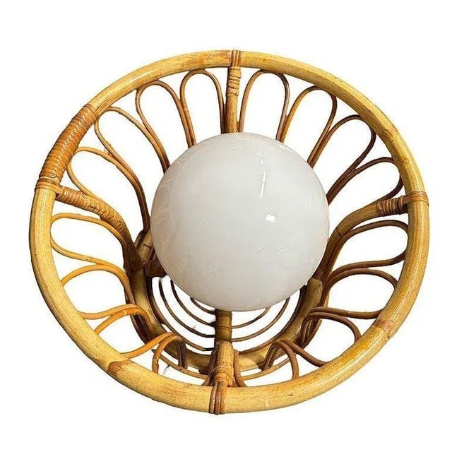 1980s Albini Style Tulip-Shaped Reed Rattan Ceiling Pendant Light With Glass Globe - 6