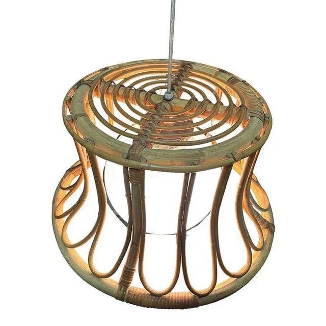 1980s Albini Style Tulip-Shaped Reed Rattan Ceiling Pendant Light With Glass Globe - 7