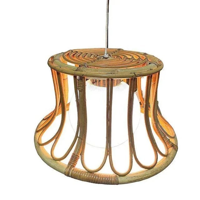 1980s Albini Style Tulip-Shaped Reed Rattan Ceiling Pendant Light With Glass Globe - 8