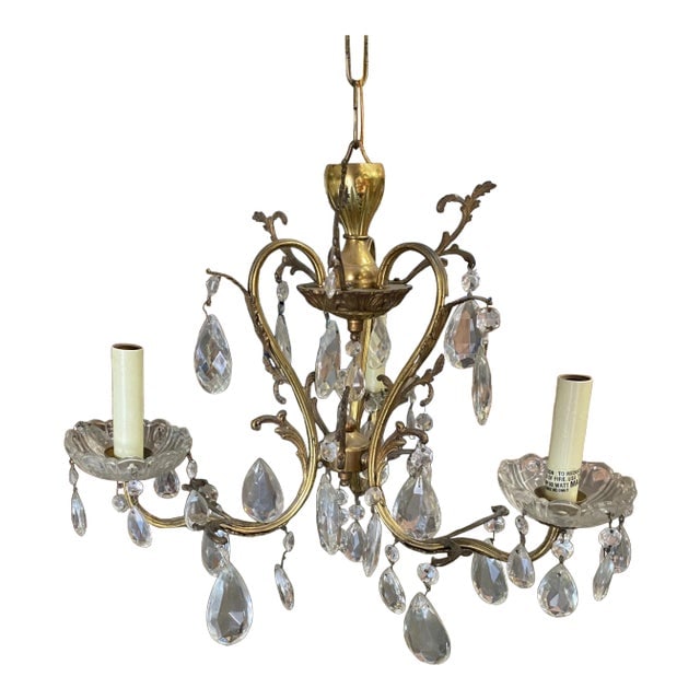 Hollywood Regency Crystal and Brass Three Lights Chandelier (1 of 8)