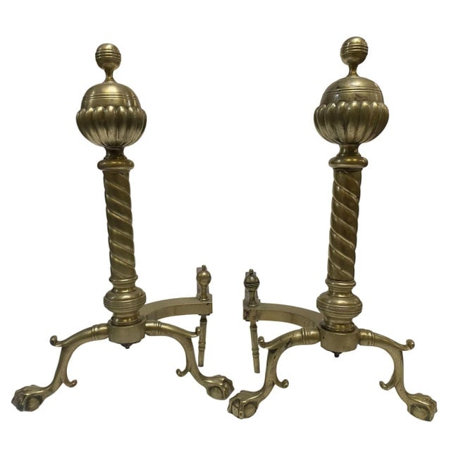 Brass Belted Ball-Top and Spiral Turned Clawfoot Andirons - a Pair - 2