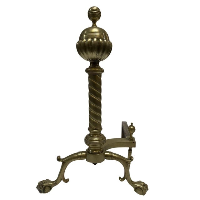 Brass Belted Ball-Top and Spiral Turned Clawfoot Andirons - a Pair - 4