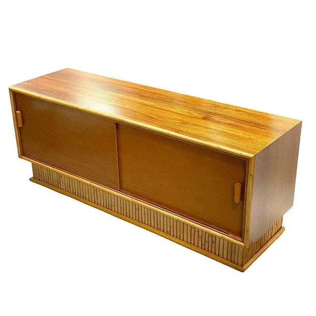 Restored 1950s Frankl Style Rattan & Mahogany Credenza Tv Stand W/ Stacked Rattan Base - 3