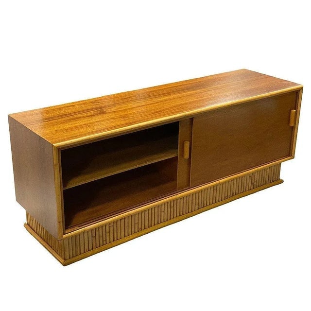 Restored 1950s Frankl Style Rattan & Mahogany Credenza Tv Stand W/ Stacked Rattan Base - 4