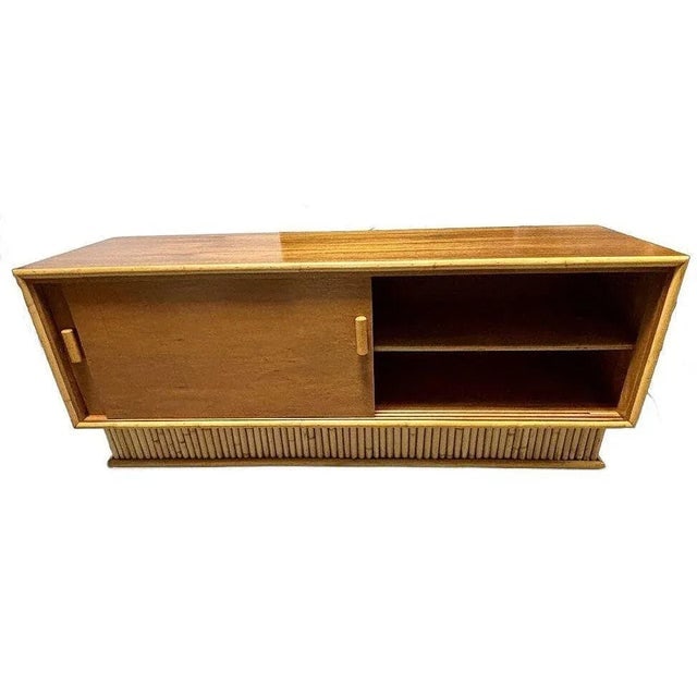 Restored 1950s Frankl Style Rattan & Mahogany Credenza Tv Stand W/ Stacked Rattan Base - 5