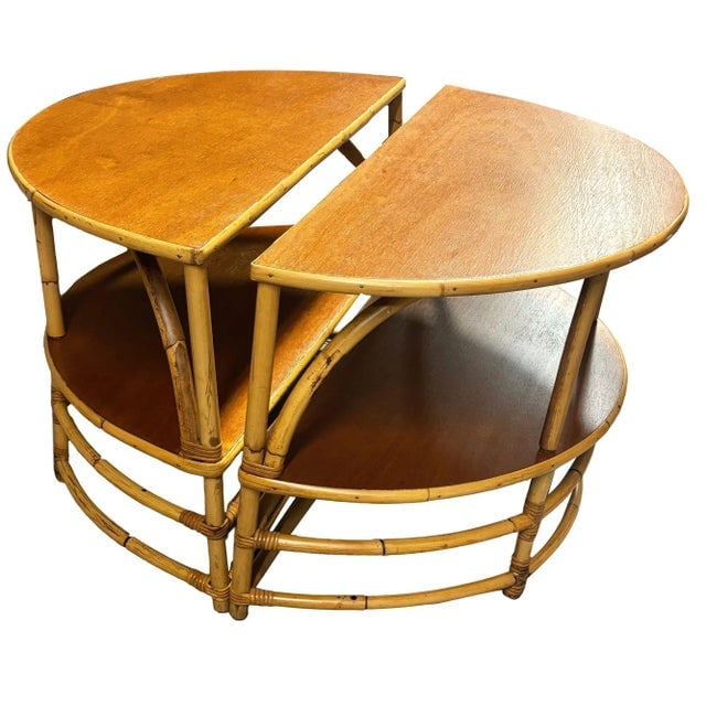 1950s Restored Rattan & Mahogany Half Moon Side Table, Pair - 2