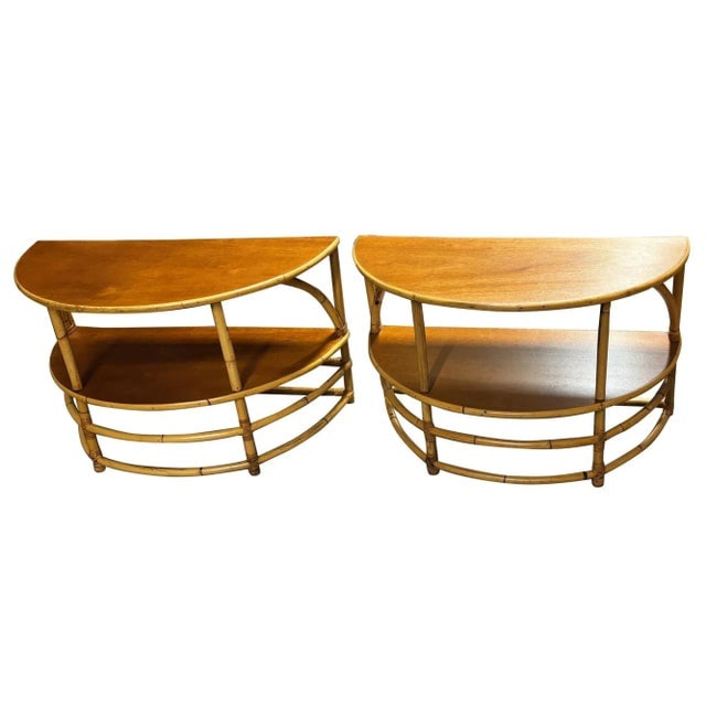 1950s Restored Rattan & Mahogany Half Moon Side Table, Pair - 4