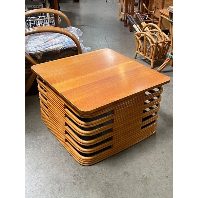 1940s Restored Tall Stacked Rattan Coffee Table With Mahogany Top - 2