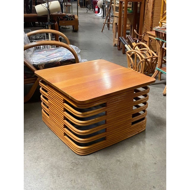 1940s Restored Tall Stacked Rattan Coffee Table With Mahogany Top - 3