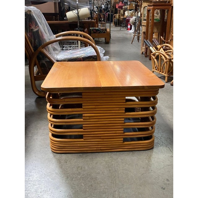 1940s Restored Tall Stacked Rattan Coffee Table With Mahogany Top - 4