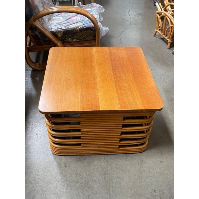 1940s Restored Tall Stacked Rattan Coffee Table With Mahogany Top - 5