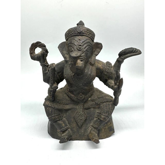 Antique Bronze Ganesha Seated Meditation Four Hands Hindu Ganapati Sculpture - 2