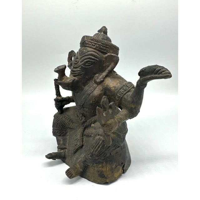 Antique Bronze Ganesha Seated Meditation Four Hands Hindu Ganapati Sculpture - 3