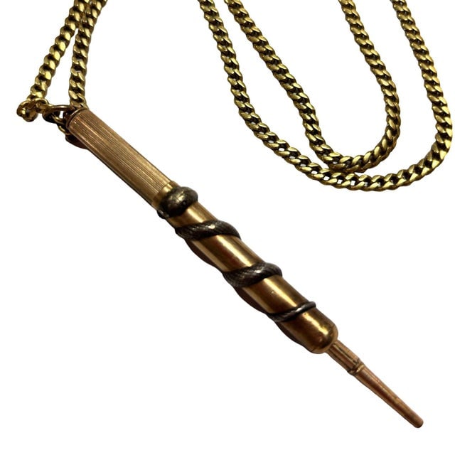1970s 18k Gold Plate Pendant Fairchild Serpent Pencil W/ Curb Link Chain Necklace - 2