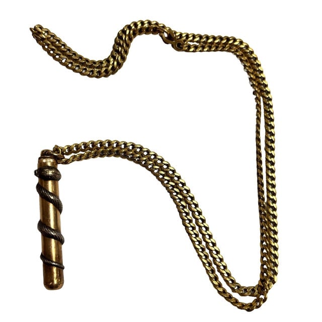 1970s 18k Gold Plate Pendant Fairchild Serpent Pencil W/ Curb Link Chain Necklace - 3