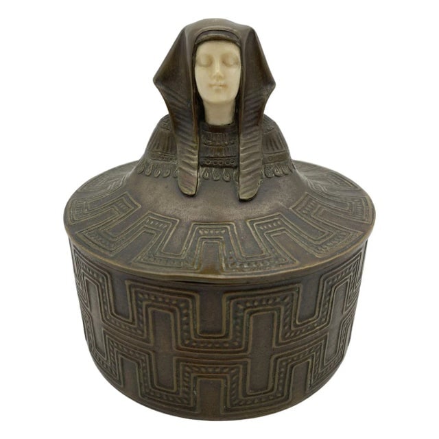 Egyptian Revival Bronze Round Pharaoh Case With Carved Bone Face, 1920 - 3