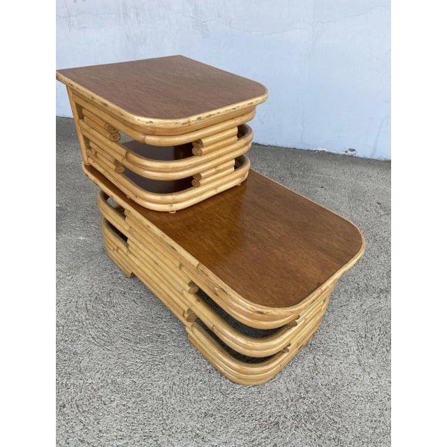 1950s Restored Two-Tier Stacked Rattan Side Table With Mahogany Tops, Pair - 7