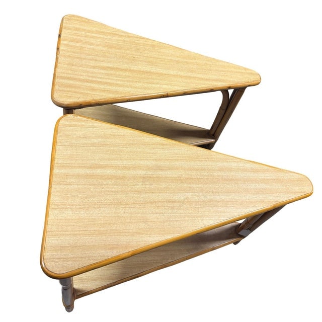 1950s Restored MCM Rattan & Formica 2-Tiered High Arch 3-Strand Wedge Side Table, Pair - 2