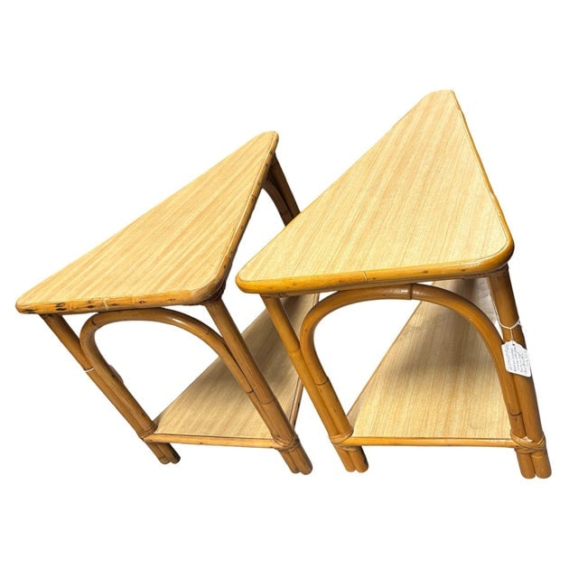 1950s Restored MCM Rattan & Formica 2-Tiered High Arch 3-Strand Wedge Side Table, Pair - 3