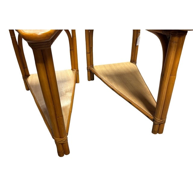 1950s Restored MCM Rattan & Formica 2-Tiered High Arch 3-Strand Wedge Side Table, Pair - 5