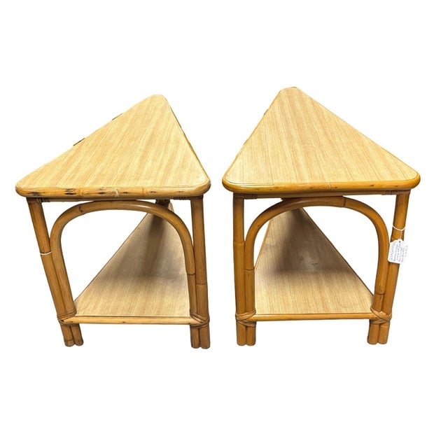 1950s Restored MCM Rattan & Formica 2-Tiered High Arch 3-Strand Wedge Side Table, Pair - 6