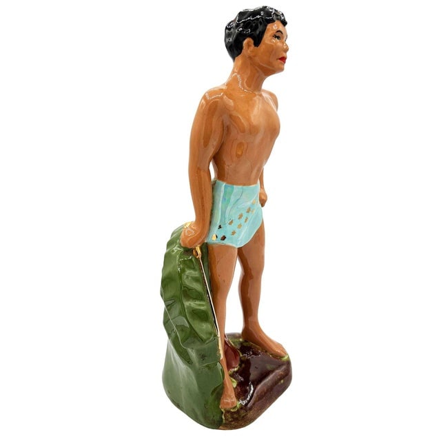 Mid 20th Century Hawaiian Man in Blue Trucks W/ Gold Machete Ceramic Sculpture 14" - 2