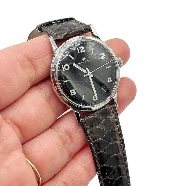 1950 Hamilton Thin-O-Matic Wristwatch W/ Black Dial on Leather Band - 4
