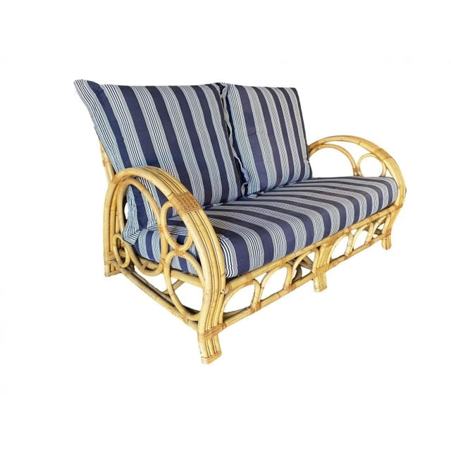 Restored 3-Strand "Circles and Speed" Rattan Settee, Lounge Chair & Ottoman - 2