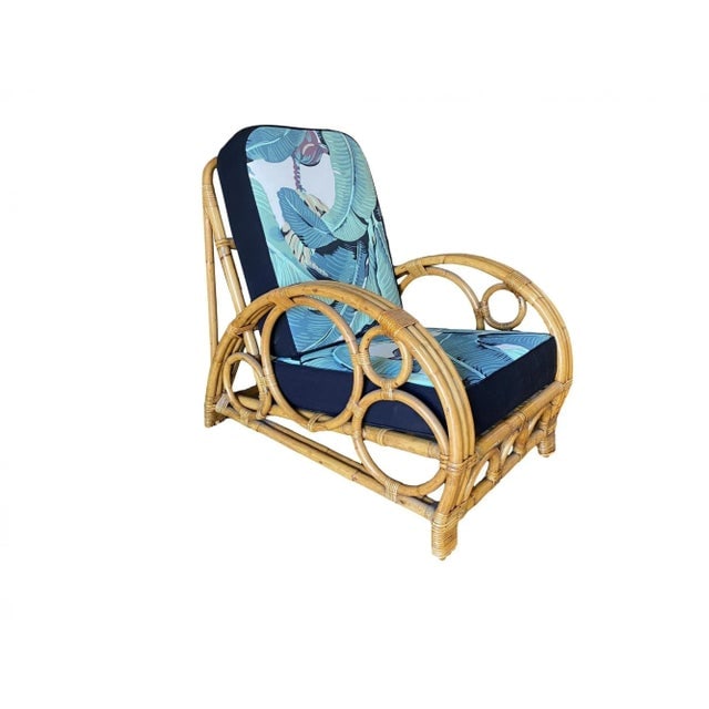 Restored 3-Strand "Circles and Speed" Rattan Settee, Lounge Chair & Ottoman - 3