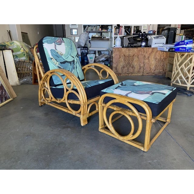 Restored 3-Strand "Circles and Speed" Rattan Settee, Lounge Chair & Ottoman - 5