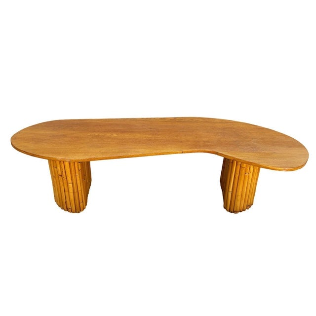 1950s Restored Rare Mid-Century Rattan and Mahogany Asymmetric "J" Coffee Table - 2